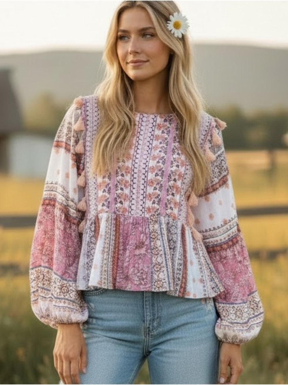 Boho Prairie Peasant Blouse - Pink Patchwork Floral - Puffed Sleeves - Size M